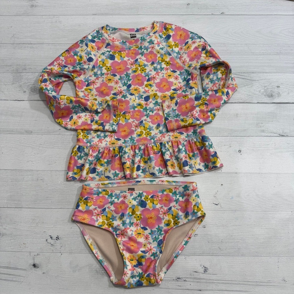Tea collection girls floral two piece long‎ sleeve rashguard swimsuit size 3